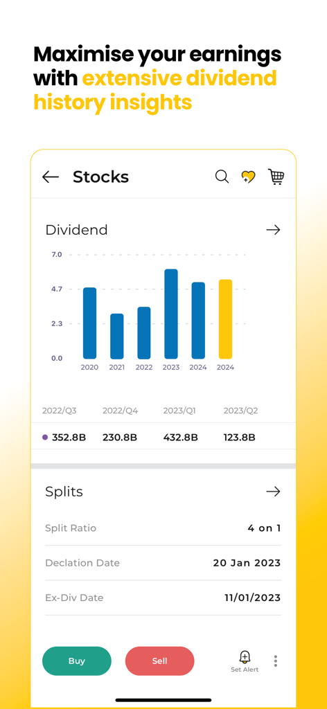 Maybank Trade SG - A mobile screen showing stock dividend history charts and split information in the Maybank Trade SG app
