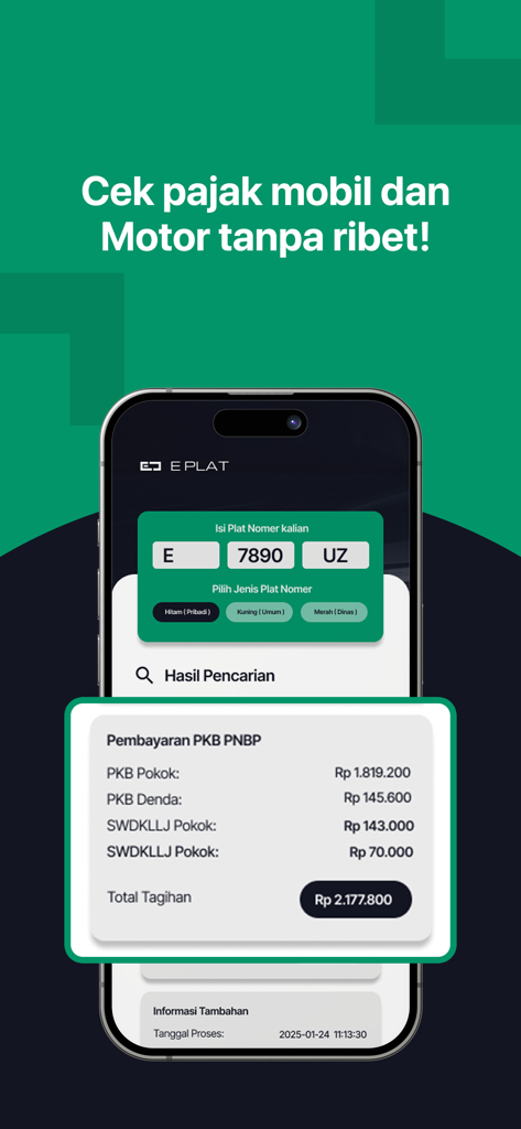 Interfaccia dell'app E Plat che mostra i dettagli delle tasse del veicolo indonesiano e l'inserimento della targa