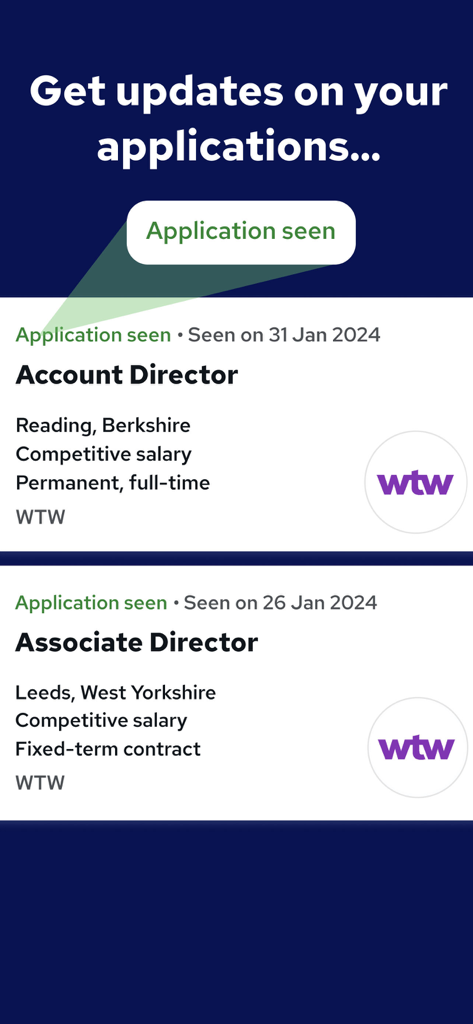Reed.co.uk Job Search - Interface of the Reed job search app showing application status tracking for director roles