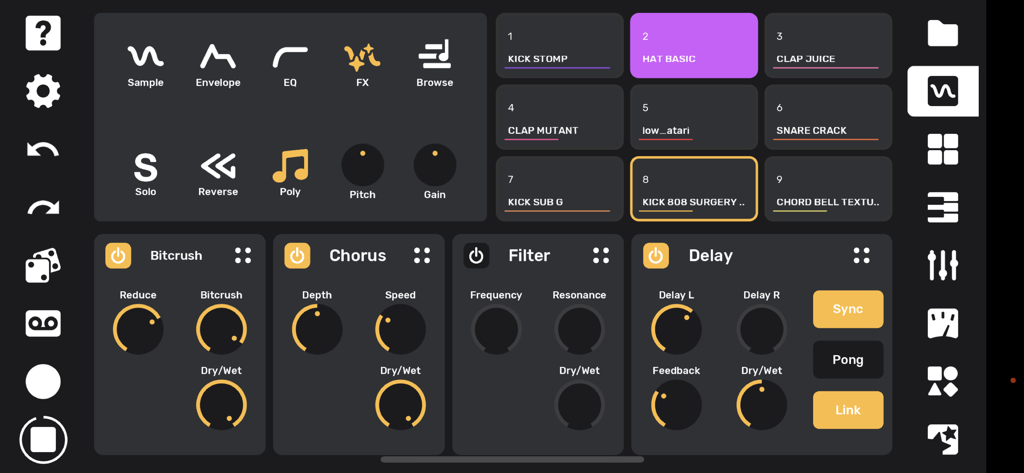 Flip Sampler - Interface of Flip Sampler showing nine drum pads and audio effects panels for bitcrush chorus filter and delay