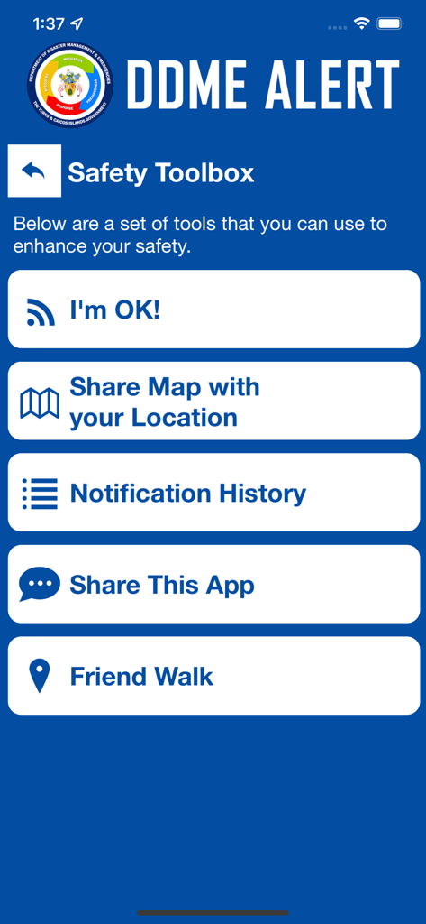 DDME Alert - DDME Alert mobile App "Sicherheitswerkzeugkasten"-Bildschirm mit Notfallwerkzeugen wie "Mir geht es gut" und "Freundesbegleitung".