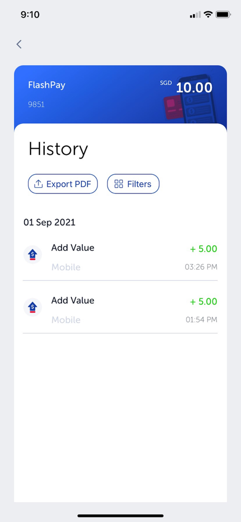 NETS App - Tela de histórico de transações do NETS App mostrando saldo do cartão FlashPay e entradas recentes de adição de valor