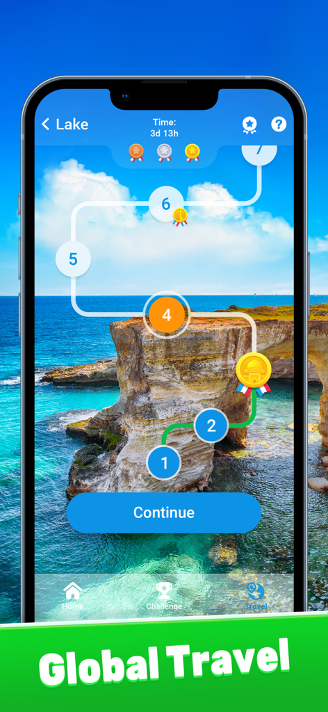 Sudoku: Train Brain Puzzles - Captura de pantalla del juego de Sudoku que muestra el evento de Viaje Global con un camino numerado sobre un paisaje costero escénico.