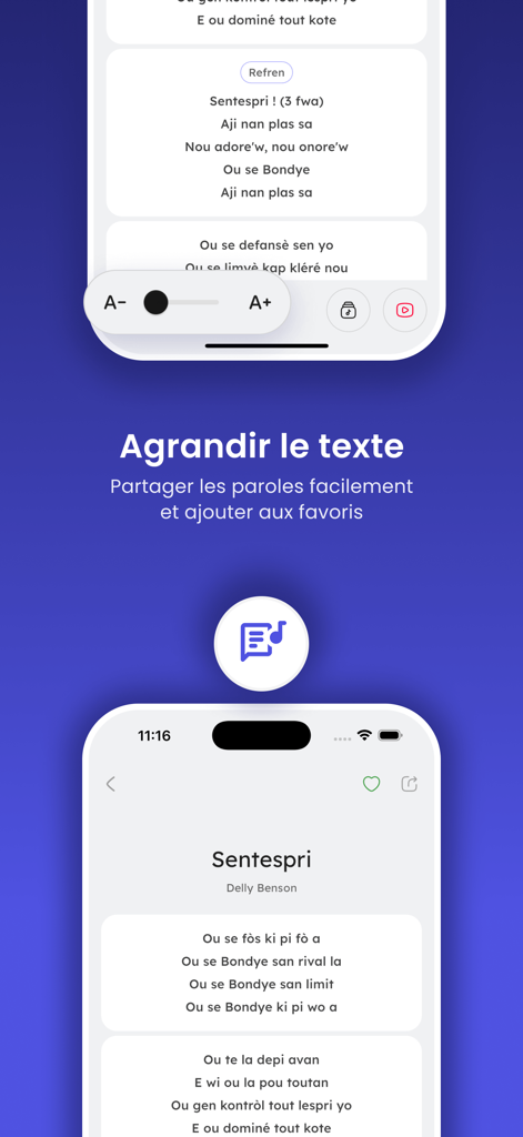 Le Chants d'Espérance - Haitian hymn app interface showing lyrics with text size adjustment and sharing features