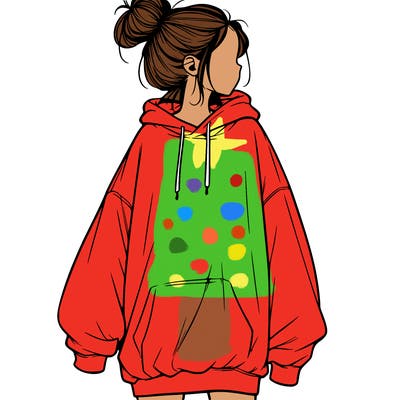 realistic girl with a oversized sweatshirt on and a bun