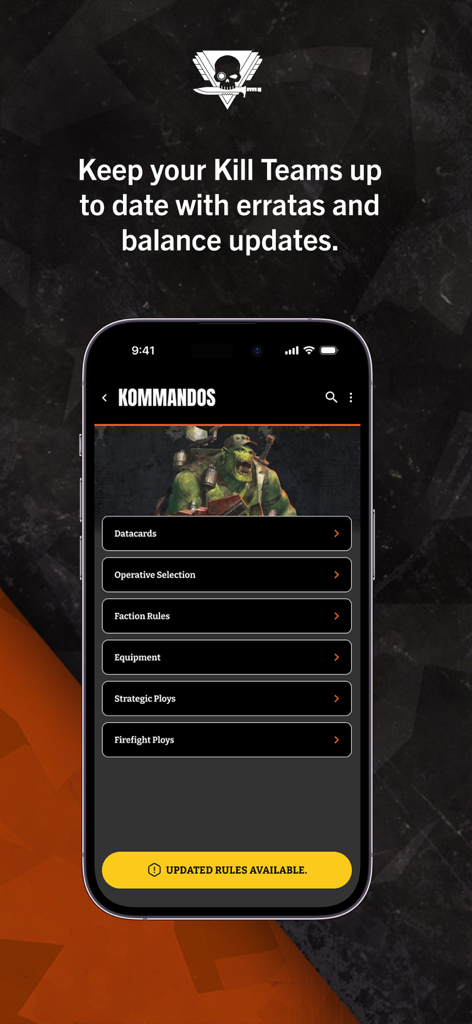 Kill Team: The App - Warhammer 40,000 Kill Team app showing Kommandos faction rules and an updated rules notification