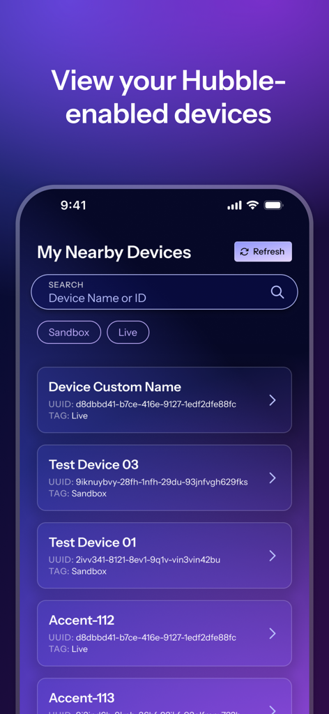 Hubble Connect - Hubble Connect app interface displaying a list of nearby IoT devices with their UUIDs and development status tags