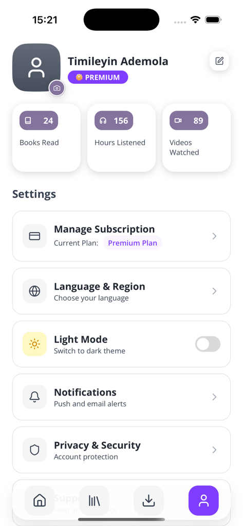 Femi Lazarus Digital Library - Tableau de bord du profil utilisateur et des paramètres de l'application Bibliothèque Numérique Femi Lazarus affichant le statut premium et les statistiques de consommation de contenu spirituel