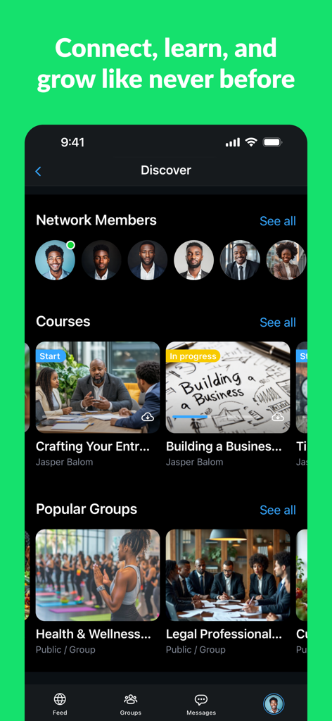 Black Knowledge - Black Knowledge app interface showing network members courses like Building a Business and popular community groups on a dark mode screen