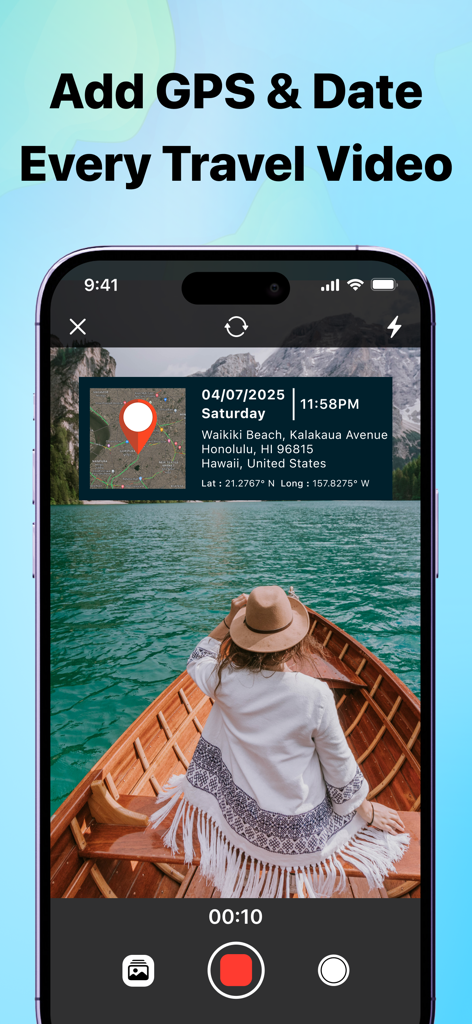 Video recording interface of a travel camera app featuring a GPS map and timestamp overlay on a scenic boat trip