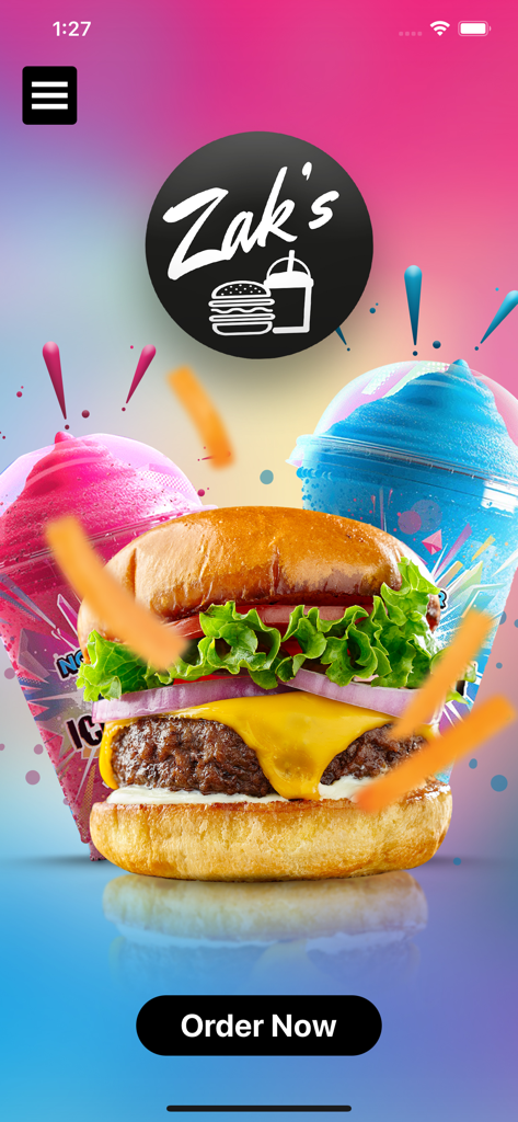 zaks - Zaks mobile app home screen featuring a cheeseburger and colorful slushies