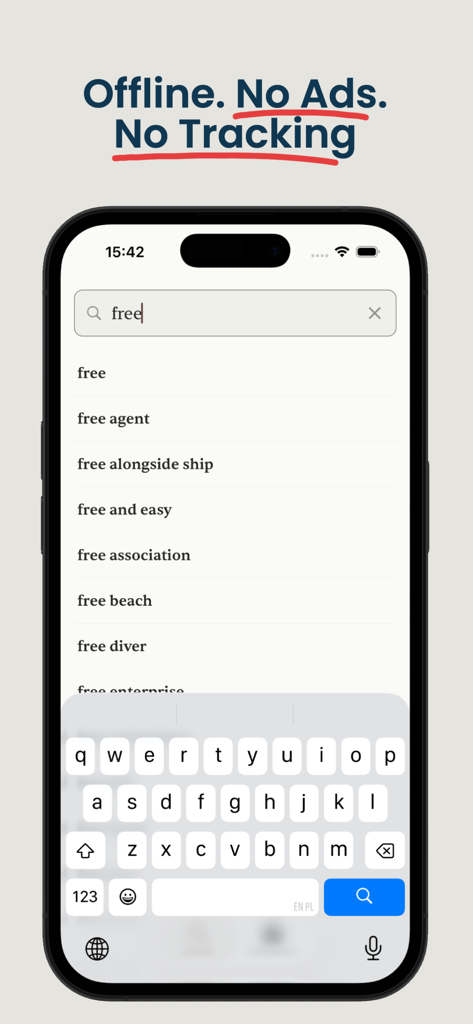 the English Dictionary - Captura de pantalla de la aplicación móvil que muestra una interfaz de búsqueda de diccionario de inglés sin conexión, sin anuncios ni seguimiento