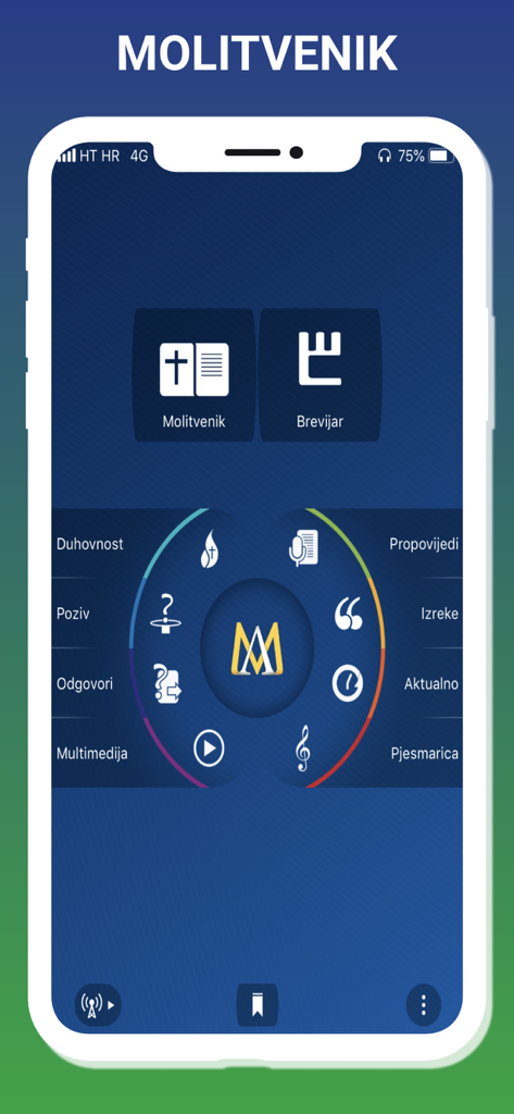 Nova Eva - Schermata principale dell'app mobile Nova Eva che mostra categorie religiose in croato come libro di preghiere e breviario