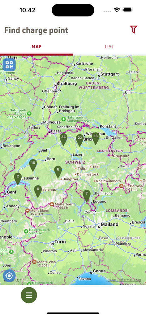 M-Charge - M-Charge mobile App-Karte mit Ladestationen für Elektrofahrzeuge in der gesamten Schweiz
