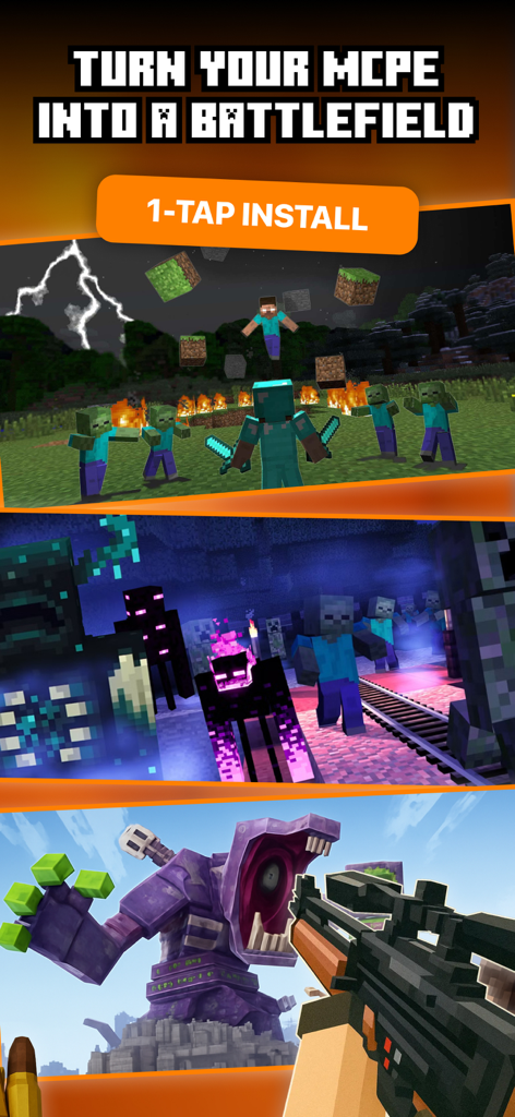 Guns Mods for Minecraft - Escenas de combate de Minecraft con armas y monstruos, incluyendo un botón de instalación de 1 toque