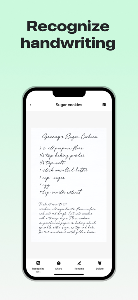 Text Scanner OCR Image to Text - Pantalla de iPhone que muestra la aplicación de escáner de texto reconociendo una receta de galletas escrita a mano