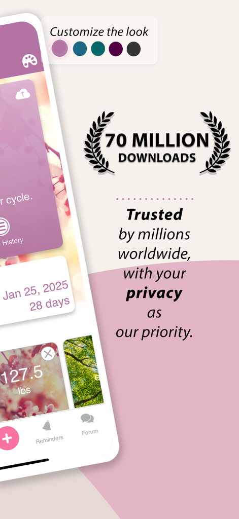 iPeriod Period Tracker + - Interface de l'application iPeriod montrant 70 millions de téléchargements et une assurance de confidentialité