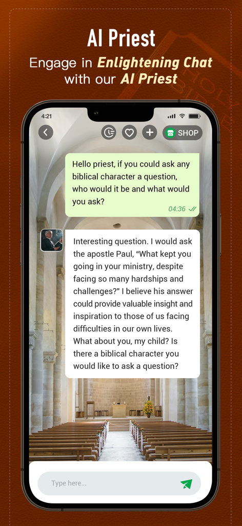 Holy Bible, KJV Bible + Audio - Interface de chat mostrando um usuário fazendo uma pergunta a um Sacerdote IA sobre personagens bíblicos no aplicativo Bíblia Sagrada.