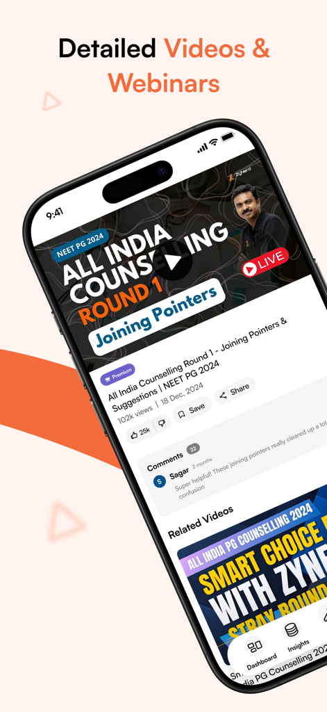 ZyNerd app interface showing detailed videos and webinars about NEET All India Counseling.