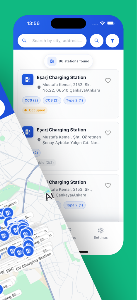 Ev Charge Station Find on Map - Mobile app interface showing a list of electric vehicle charging stations with a map view and real time status