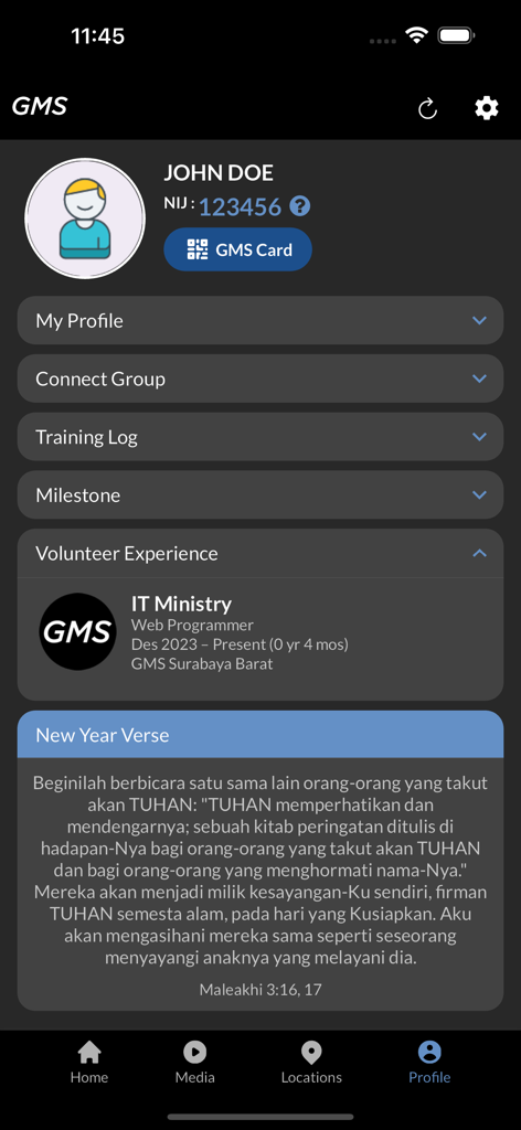 GMS Church - User profile interface of the GMS Church app showing volunteer experience and milestones