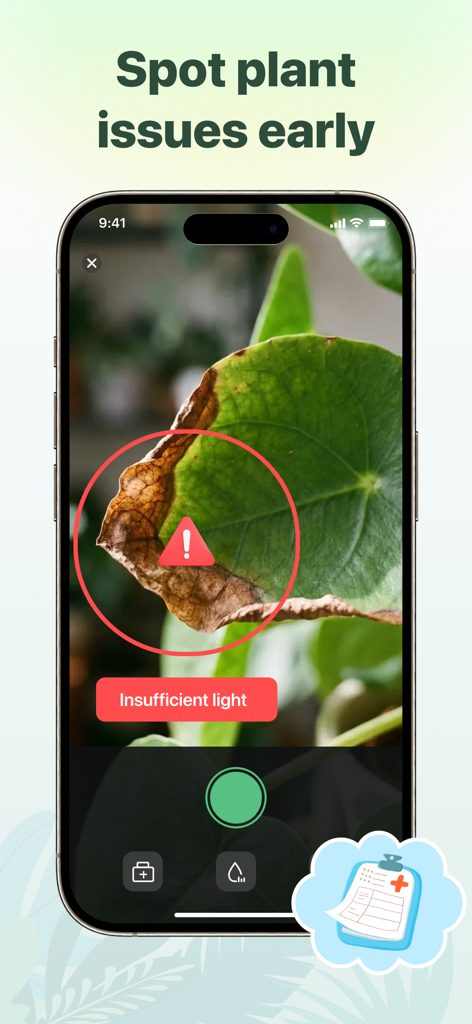 PlantGuide - ID & Diagnose - PlantGuideアプリのインターフェースに、葉の光不足のAI診断が表示されています
