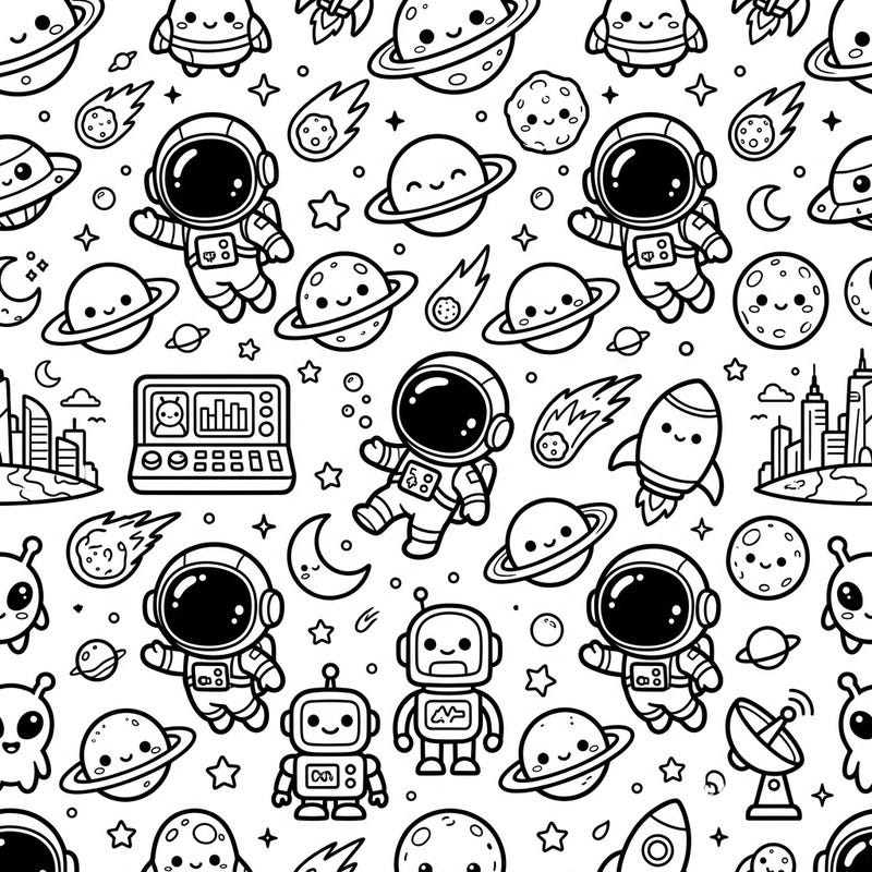 Dive into a universe of cuteness with this delightful kawaii space and sci-fi seamless pattern. Adorable astronauts, cheerful planets, and friendly robots await your creative touch in this engaging printable design.