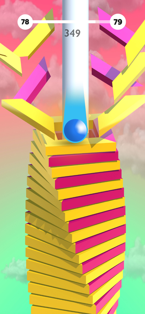Bola azul cayendo a través de una espiral de plataformas amarillas y rosas.
