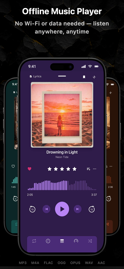 Offline music player app interface showing playback controls and supported formats like MP3 and FLAC