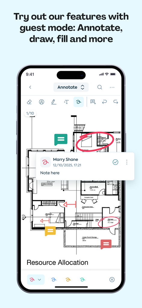 Lumin: View, Edit, Share PDF - Aplicación móvil Lumin mostrando anotaciones y comentarios digitales en un plano arquitectónico