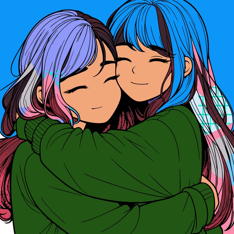 realistic two girls hugging