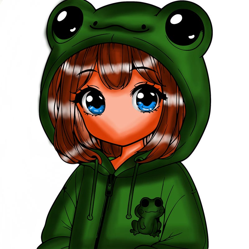 cute realistic girl in a froggy hoodie