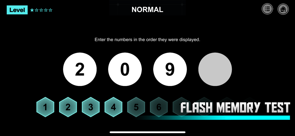 Vision Workout : Eye Training - Interface of the Flash Memory Test in the Vision Workout app showing numerical training for short-term memory.