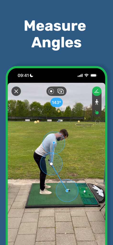 A golfer using BitBody app to measure joint angles with AI video analysis.
