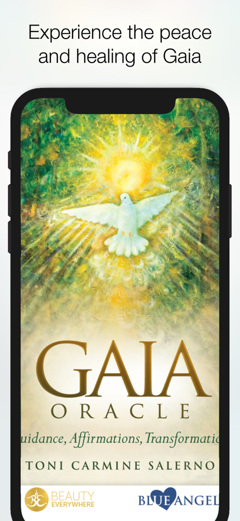 Gaia Oracle - Toni C. Salerno - Gaia Oracle app screenshot showing spiritual artwork of a white dove and golden light with the title by Toni Carmine Salerno