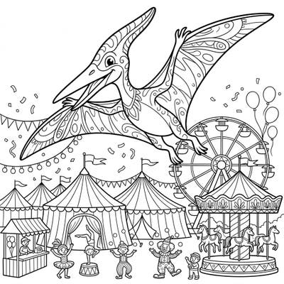 Get ready for an extraordinary adventure where prehistoric meets festive! This unique coloring page features a majestic Pteranodon soaring gracefully over a vibrant carnival scene, brimming with circus tents and classic attractions.