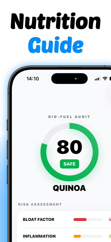Pantalla de guía nutricional que muestra la valoración de alimentos para la quinoa en la aplicación Debloat.