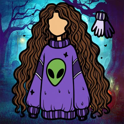 long curly hair, baggy sweater, gloves, alien on sweater