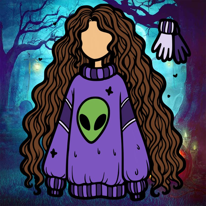 long curly hair, baggy sweater, gloves, alien on sweater