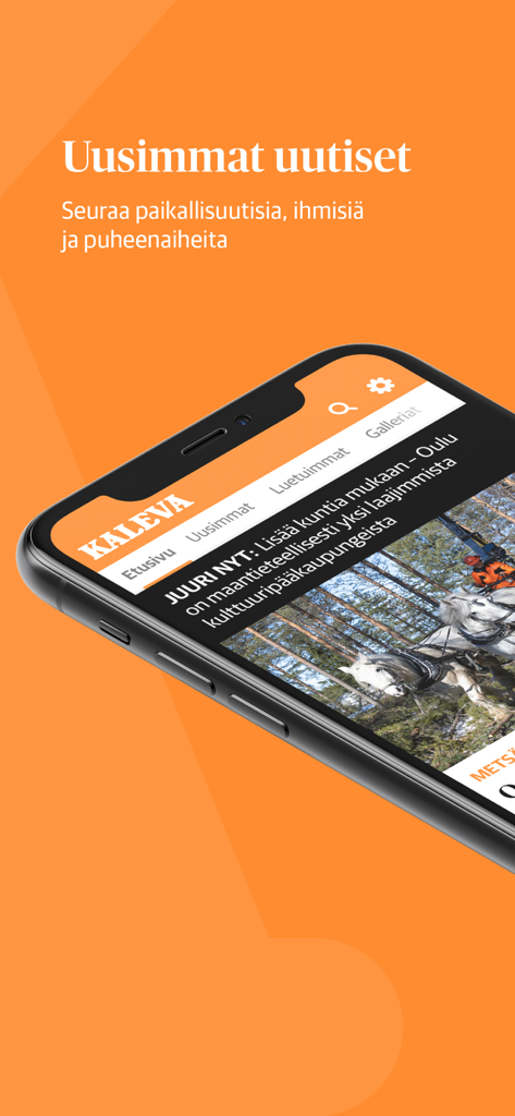 Interface de l'application mobile Kaleva montrant les dernières actualités finlandaises et les gros titres locaux