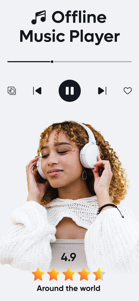 Junge Frau mit weißen Kopfhörern benutzt die Offline-Musik-Player-Anwendung