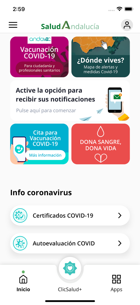 Salud Andalucía - Home screen of the Salud Andalucia health app showing COVID-19 services and vaccination options.