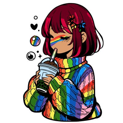manga girl drinking boba in cozy sweater