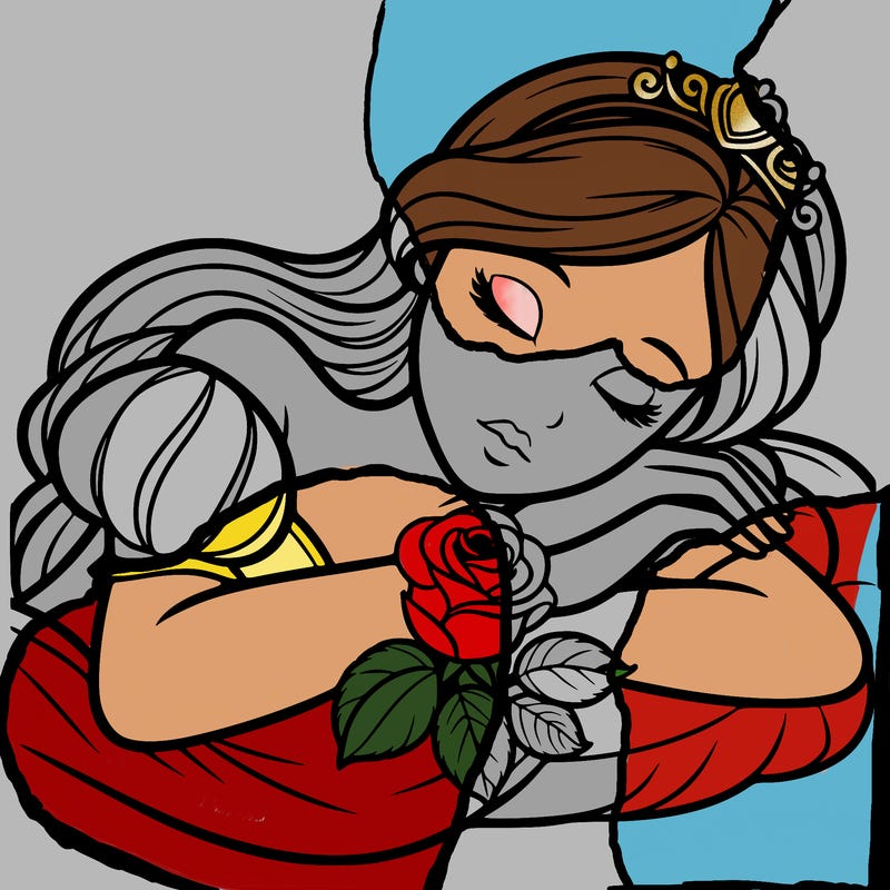 a fairytale princess sleeping with her hands crossed on her chest and a rose on her chest realistic