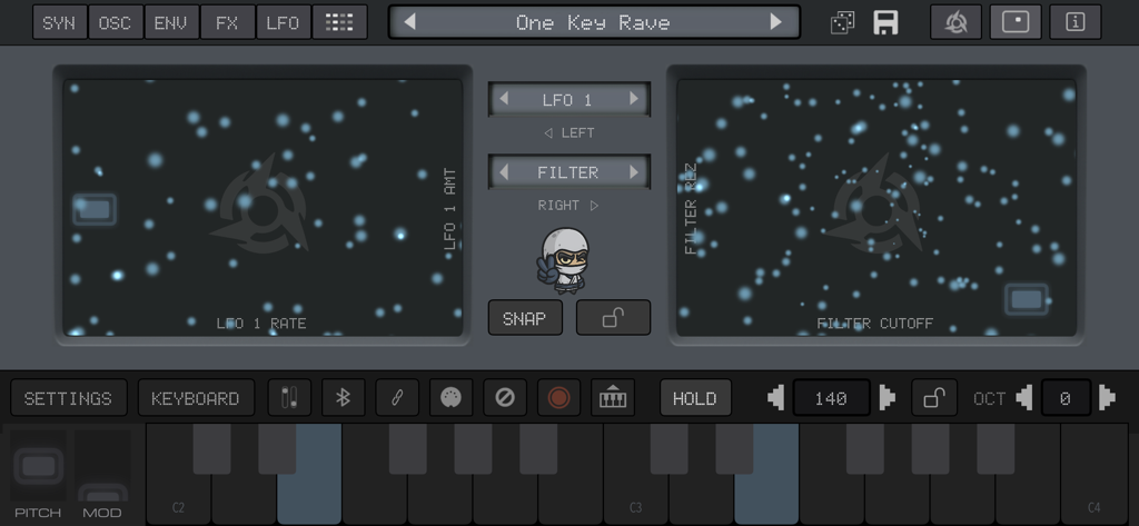 VIRAL Synth T2x interface showing dual assignable touchpads for LFO and filter control with a virtual piano keyboard.