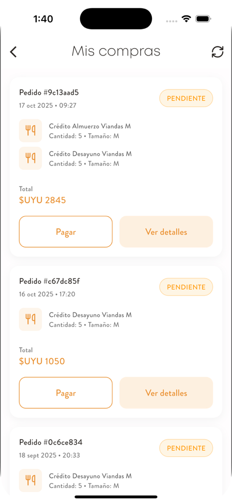 Delishop - Captura de pantalla de la aplicación Delishop que muestra una lista de pedidos pendientes de crédito de comida y opciones de pago