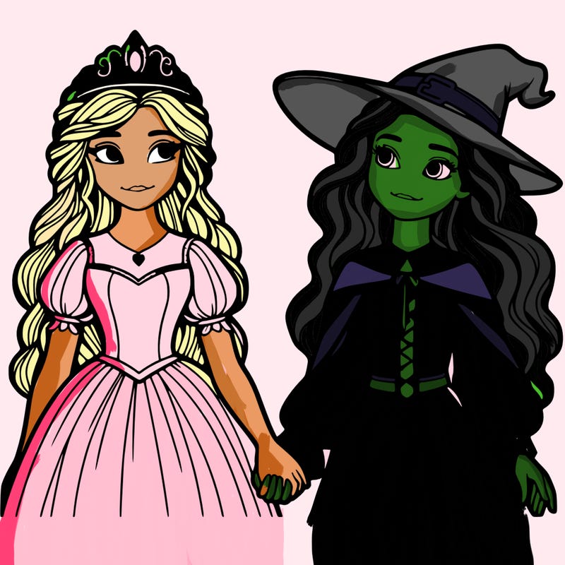 a princess and a witch holding hands realistic