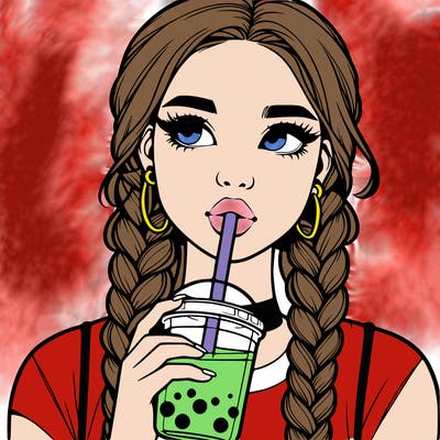 realistic girl with braided hair drinking boba