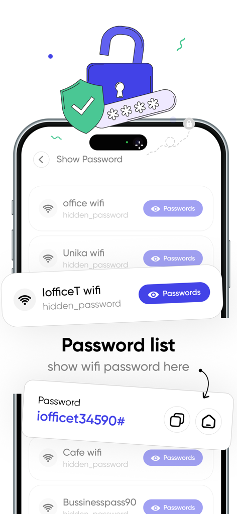 Wifi Password + Wifi Finder - Mobile app interface displaying a list of nearby wifi networks and saved passwords