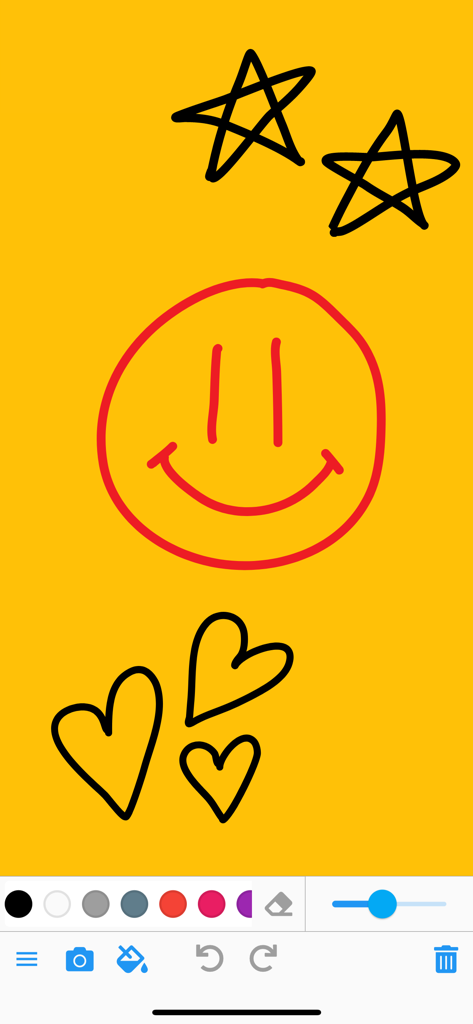 Doodle Board | Doodly - Um simples rosto sorridente vermelho e corações pretos desenhados em uma tela digital amarela no aplicativo Doodle Board.